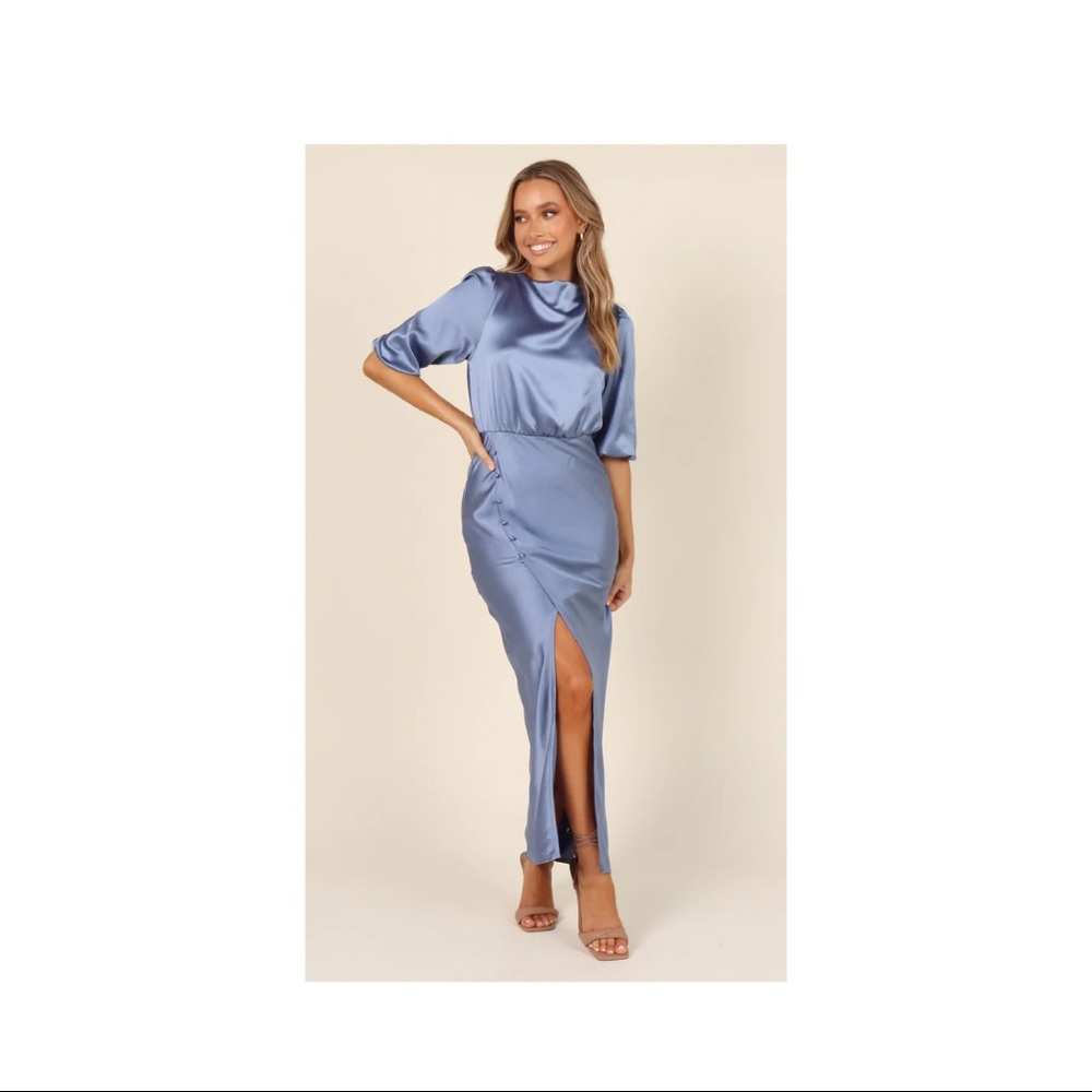 NWT 💗 Blue Satin Maxi High Neck Slit dress